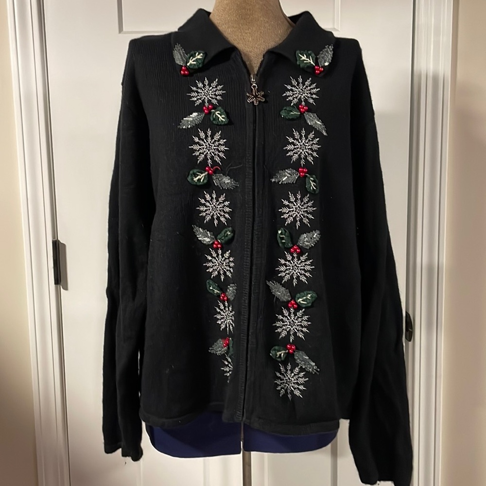 Lord & Taylor Embellished Full Zip Holiday Sweater Size approx L